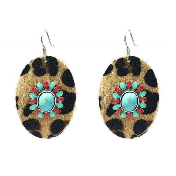 Leopard leather with turquoise stone earrings - Picture 1 of 2